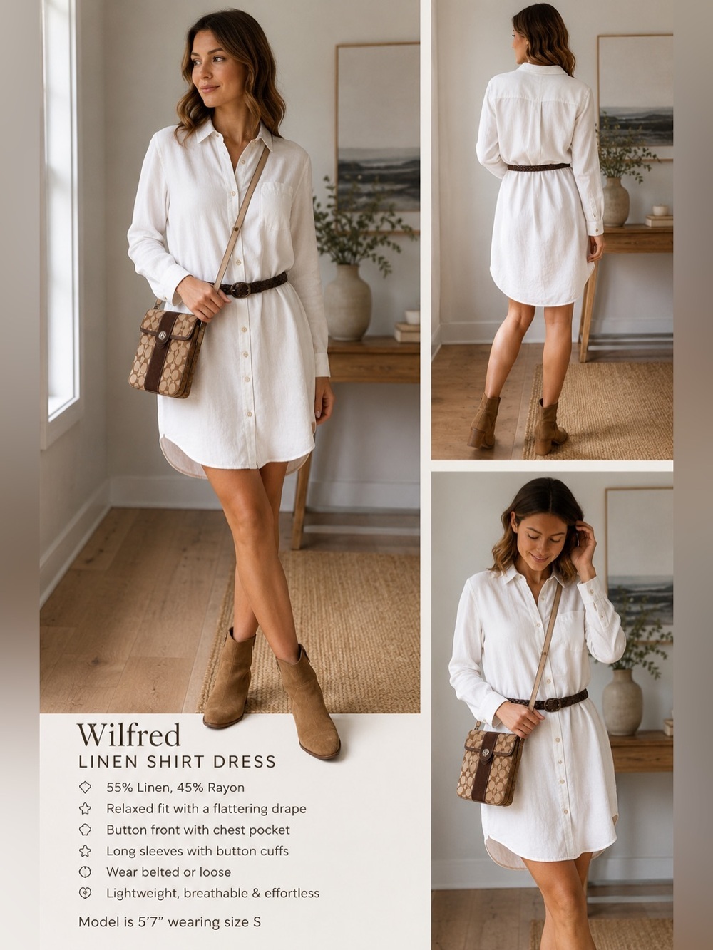 Wilfred Free Aritzia White Linen Blend Boyfriend Shirt Dress SZ M Oversized